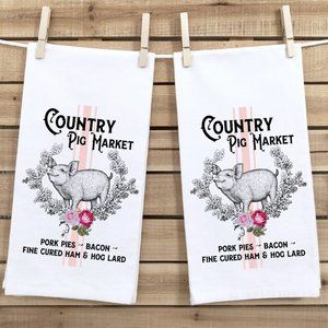 Tea Towels, Set of 2, Pink Pig, French, Gift Idea